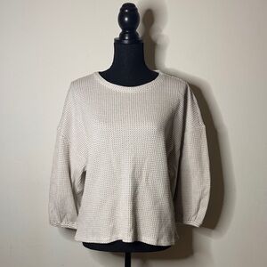 Ann Taylor Textured Knit Balloon Sleeve Top Cream Beige Waffle Knit NWT Size M